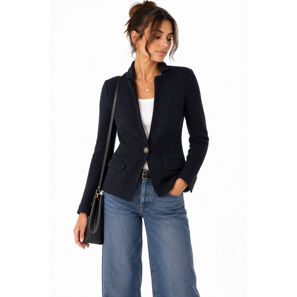 Maeve Anthropologie Navy Textured Knit Blazer Gold Button XXS NWT